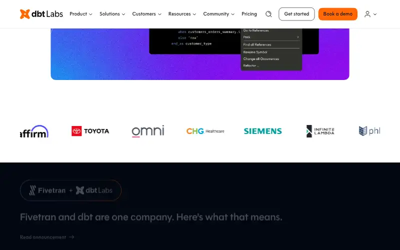 Screenshot of getdbt.com, further down the homepage