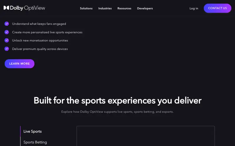 Screenshot of optiview.dolby.com, further down the homepage
