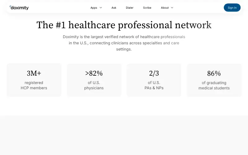 Screenshot of doximity.com, further down the homepage