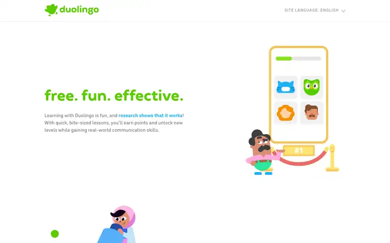 Screenshot of duolingo.com, further down the homepage