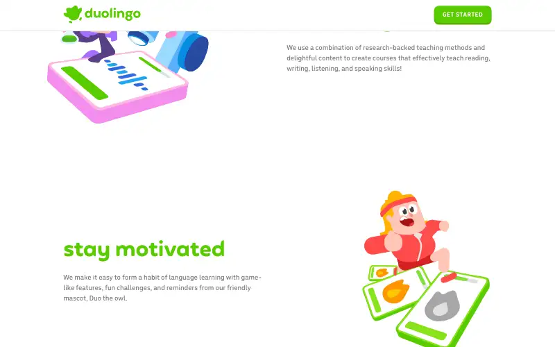 Screenshot of duolingo.com, further down the homepage