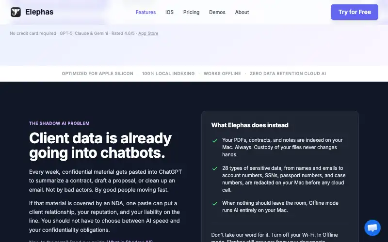 Screenshot of elephas.app, further down the homepage