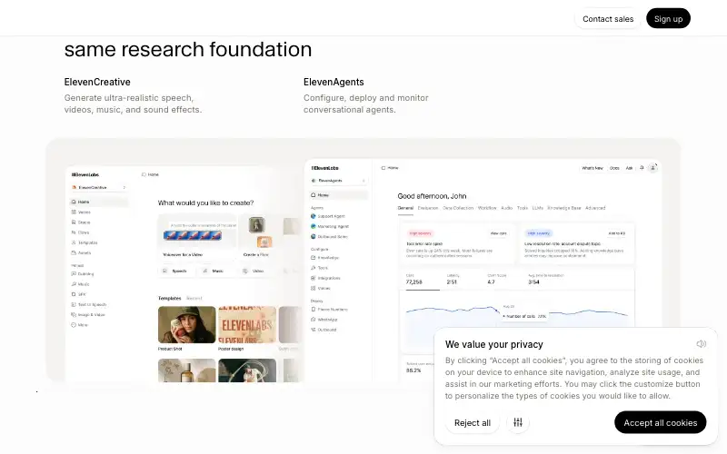 Screenshot of elevenlabs.io, further down the homepage