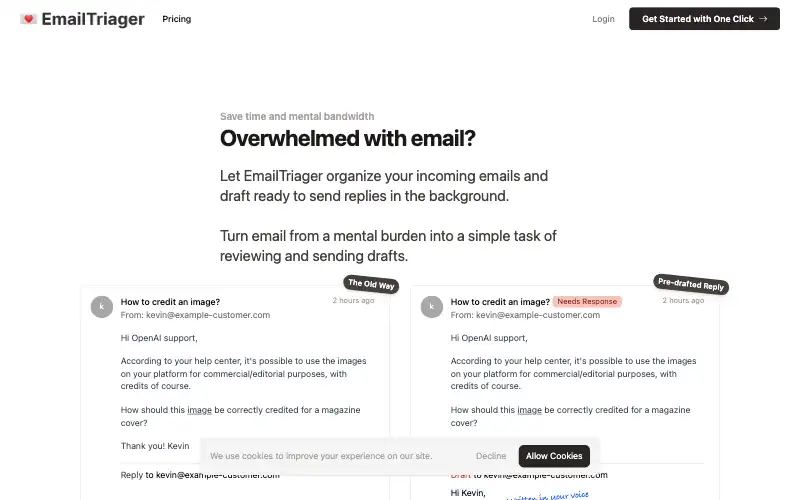 Screenshot of emailtriager.com, further down the homepage
