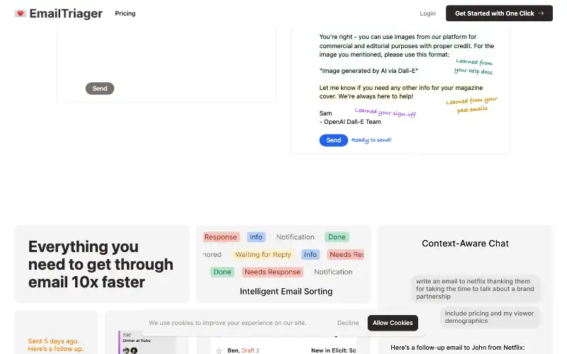 Screenshot of emailtriager.com, further down the homepage