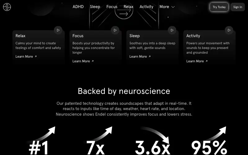 Screenshot of endel.io, further down the homepage