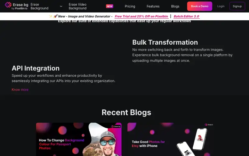 Screenshot of erase.bg, further down the homepage