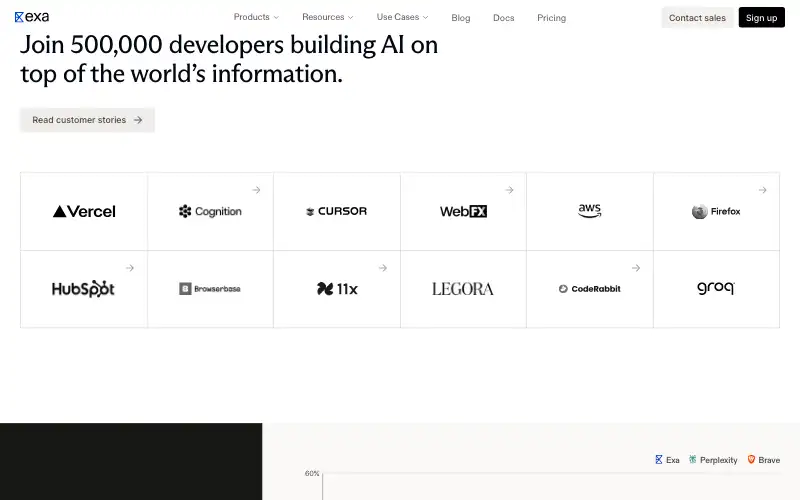 Screenshot of exa.ai, further down the homepage