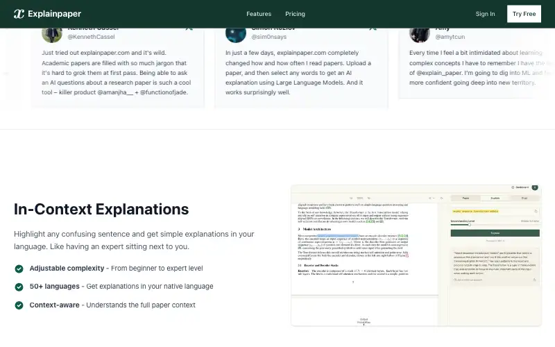 Screenshot of explainpaper.com, further down the homepage
