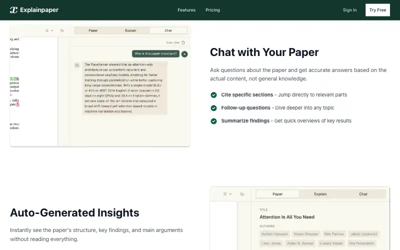 Screenshot of explainpaper.com, further down the homepage