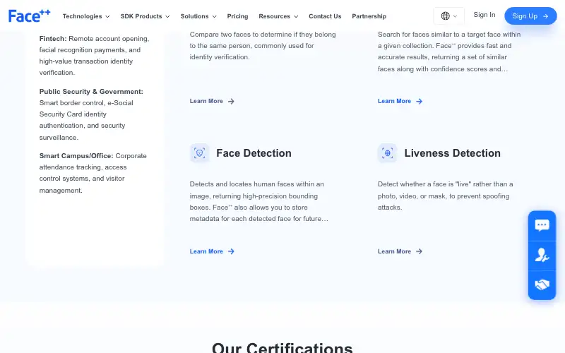 Screenshot of faceplusplus.com, further down the homepage