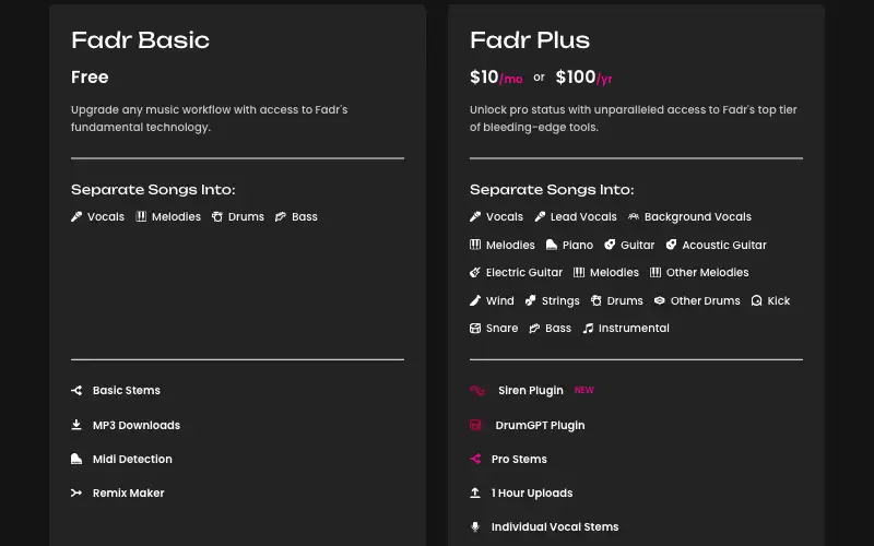 Screenshot of fadr.com, further down the homepage