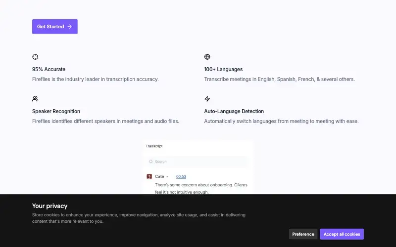 Screenshot of fireflies.ai, further down the homepage
