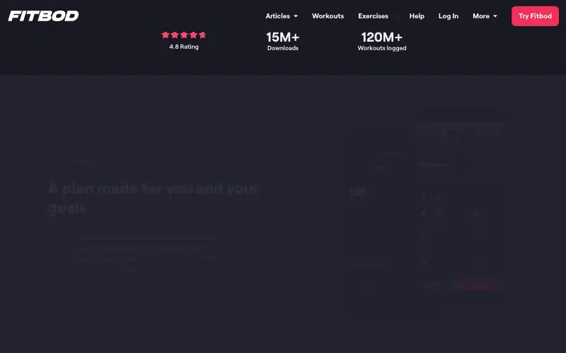 Screenshot of fitbod.me, further down the homepage