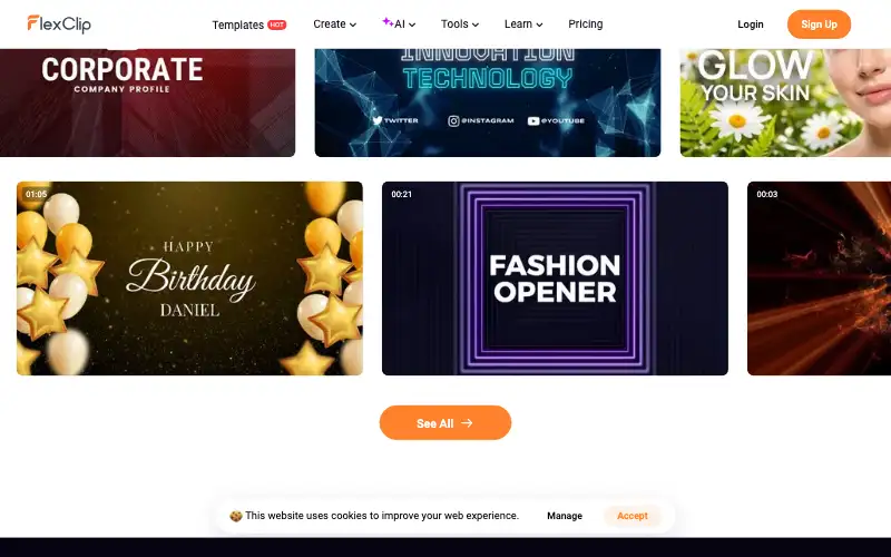 Screenshot of flexclip.com, further down the homepage