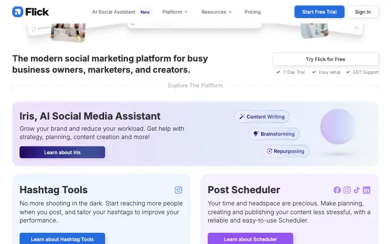 Screenshot of flick.social, further down the homepage