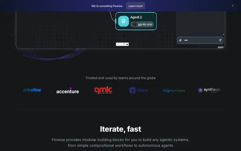 Screenshot of flowiseai.com, further down the homepage
