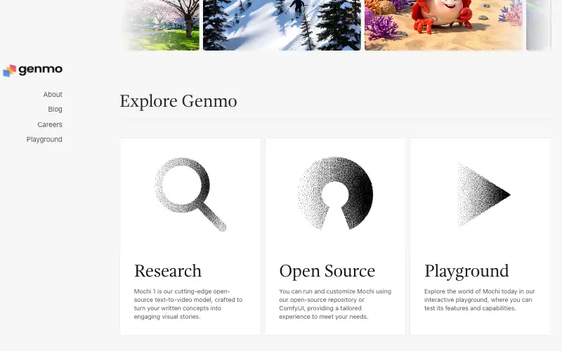 Screenshot of genmo.ai, further down the homepage