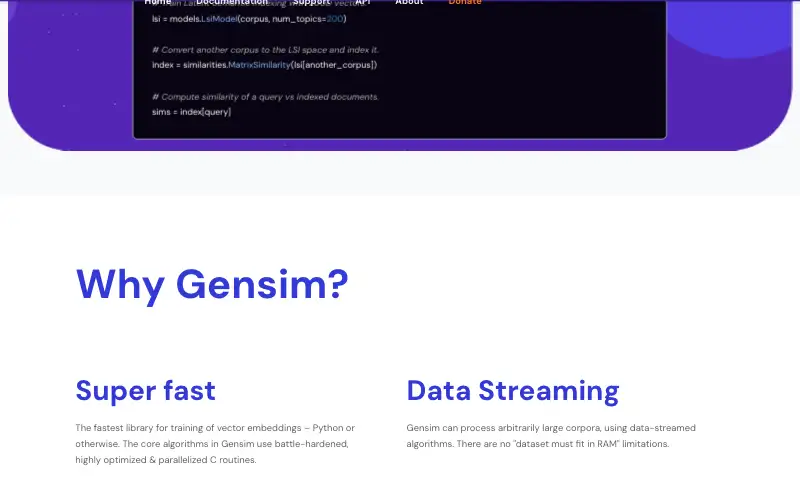Screenshot of radimrehurek.com, further down the homepage