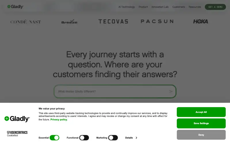 Screenshot of gladly.ai, further down the homepage