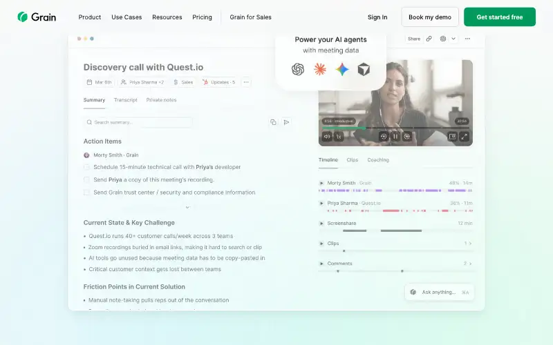 Screenshot of grain.com, further down the homepage