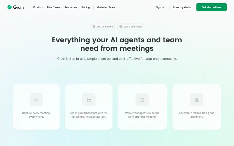 Screenshot of grain.com, further down the homepage