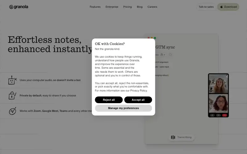 Screenshot of granola.ai, further down the homepage