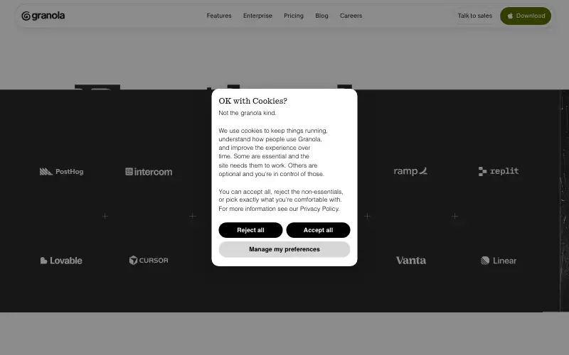 Screenshot of granola.ai, further down the homepage