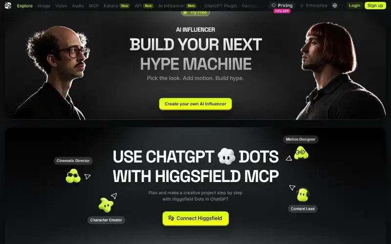 Screenshot of higgsfield.ai, further down the homepage