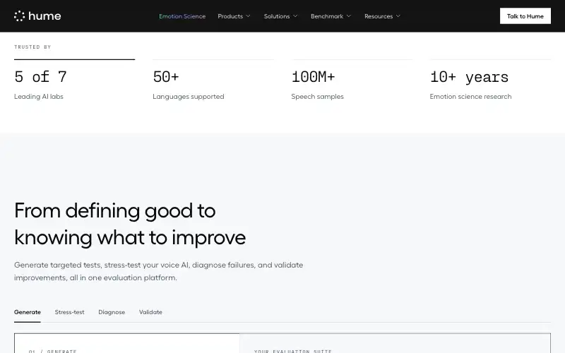 Screenshot of hume.ai, further down the homepage