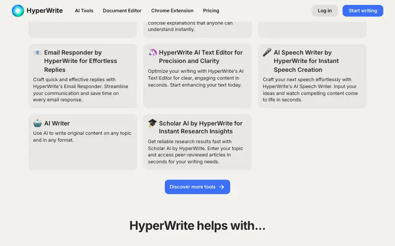 Screenshot of hyperwriteai.com, further down the homepage