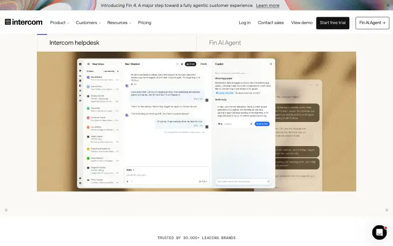 Screenshot of intercom.com, further down the homepage