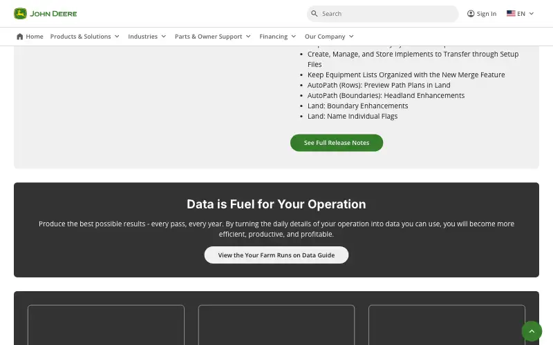 Screenshot of deere.com, further down the homepage