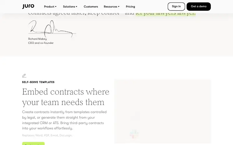 Screenshot of juro.com, further down the homepage