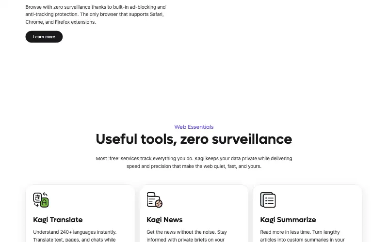 Screenshot of kagi.com, further down the homepage