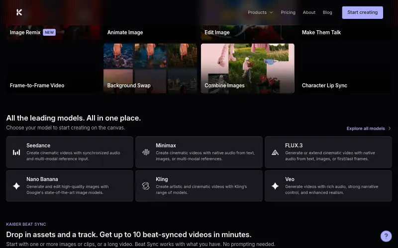Screenshot of kaiber.ai, further down the homepage