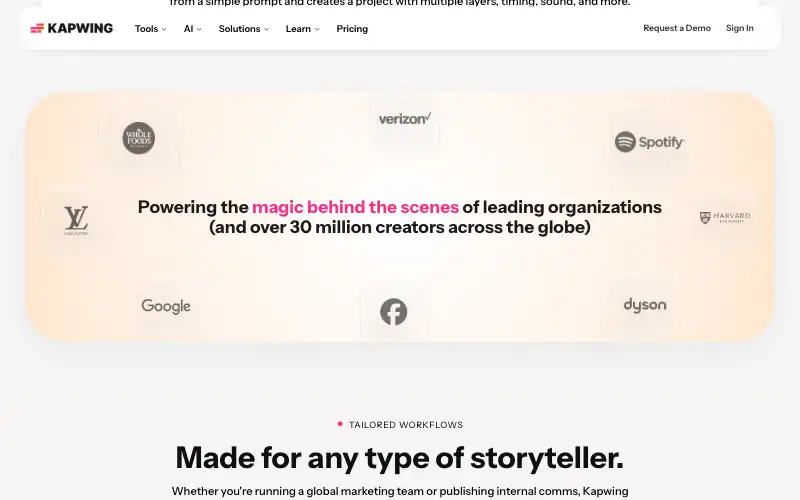 Screenshot of kapwing.com, further down the homepage