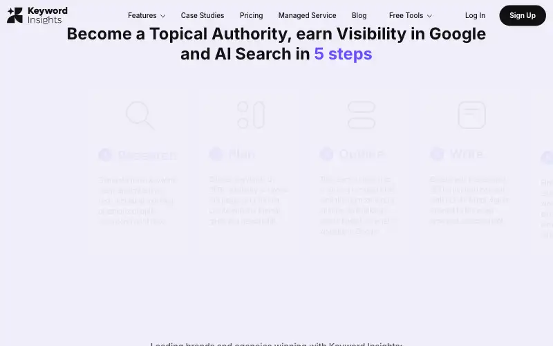 Screenshot of keywordinsights.ai, further down the homepage