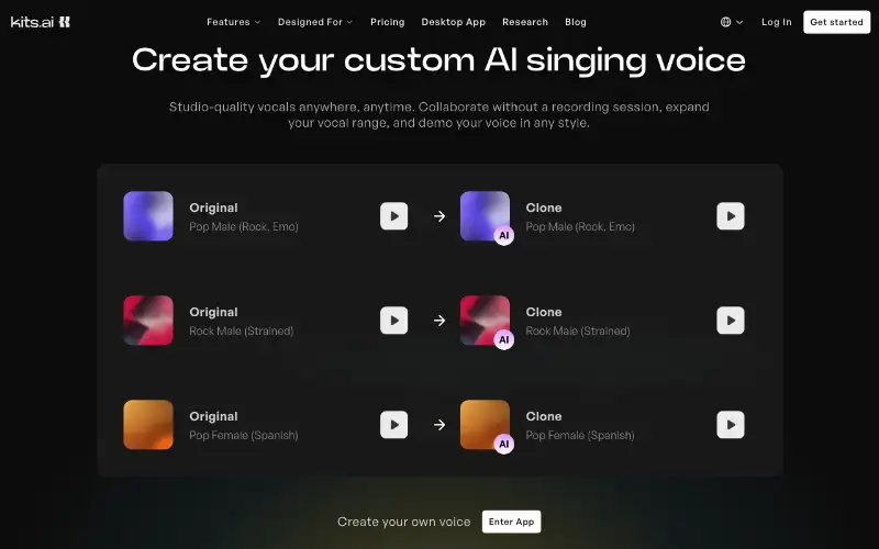 Screenshot of kits.ai, further down the homepage