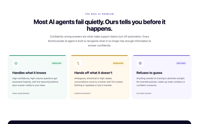 Screenshot of kommunicate.io, further down the homepage