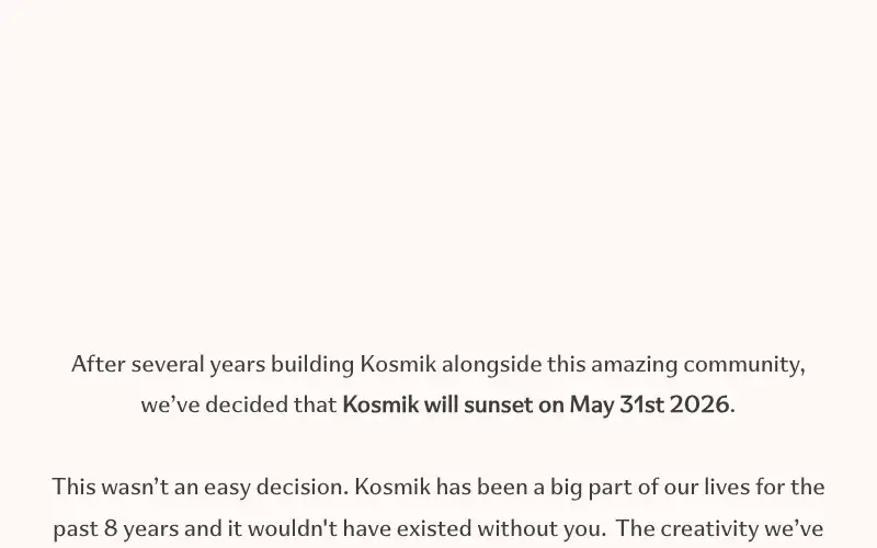 Screenshot of kosmik.app, further down the homepage