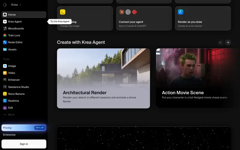 Screenshot of krea.ai, further down the homepage