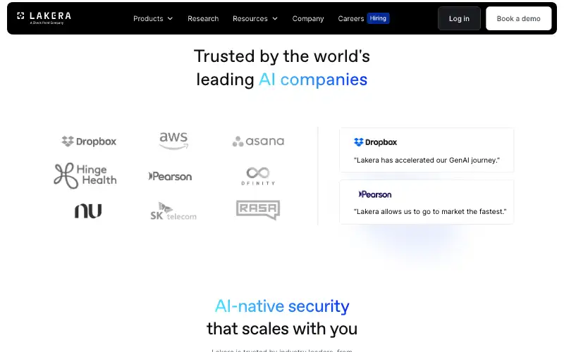 Screenshot of lakera.ai, further down the homepage