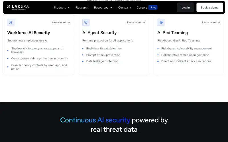 Screenshot of lakera.ai, further down the homepage
