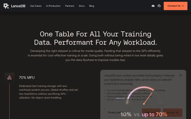 Screenshot of lancedb.com, further down the homepage