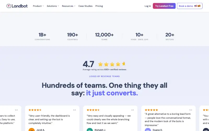 Screenshot of landbot.io, further down the homepage