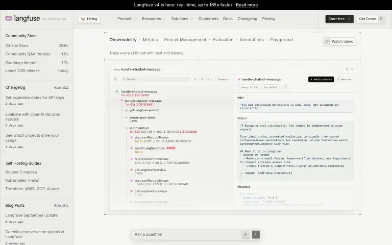 Screenshot of langfuse.com, further down the homepage