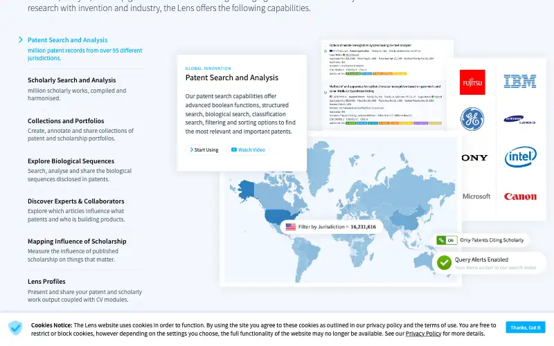 Screenshot of lens.org, further down the homepage