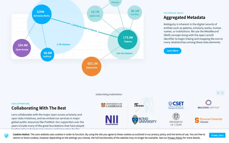 Screenshot of lens.org, further down the homepage