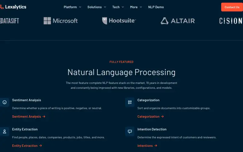 Screenshot of lexalytics.com, further down the homepage